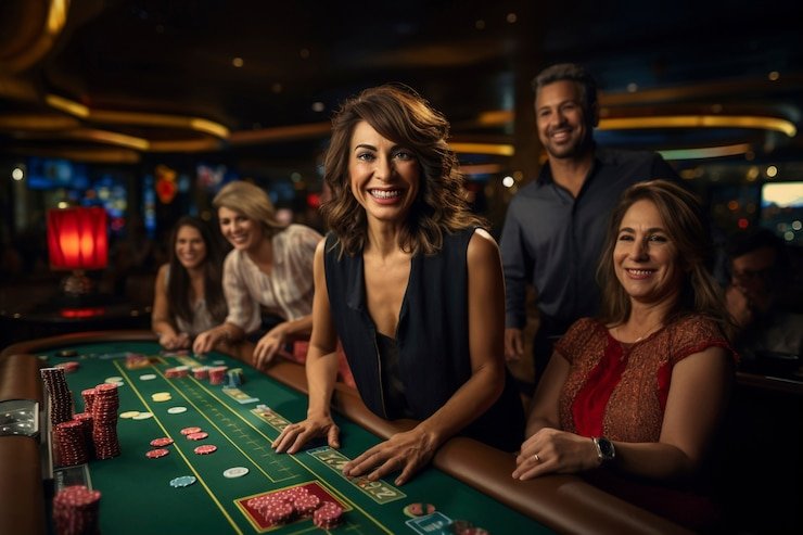 Meja Caribbean Stud Poker apeljitu dengan dealer langsung dan kartu yang terbuka
